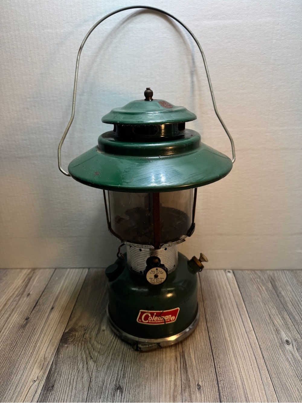 Vintage Coleman 228F Camping Big Hat Double Mantle Green Lantern Gas Lamp
